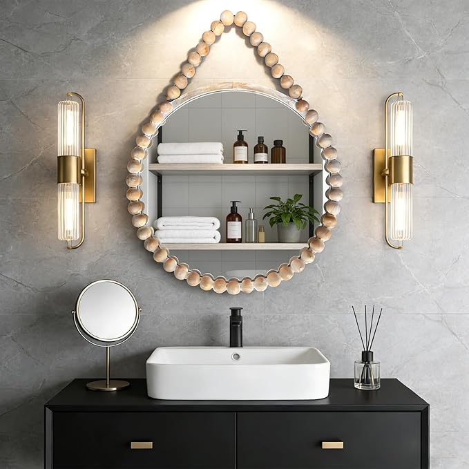 POZINO Wood Beaded Round Mirror, 24" Farmhouse Hanging Rustic Mirrors with Rope, Spherical Frame Rounded Wall Mirror, Boho Circle Mirrors for Bathroom Bedroom Living Room Hallway Entryway Fireplace