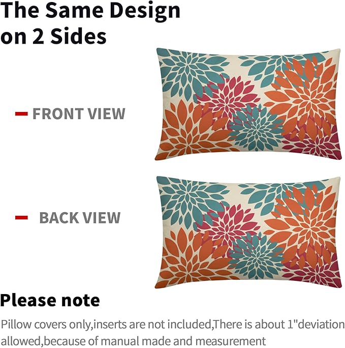 Blue Orange Burgundy Red Pillow Covers 12X20 Inch Set of 2, Spring Modern Geometry Dahlia Floral Decorative Rectangle Throw Pillow Covers Outdoor Farmhouse Cushion Case for Couch Sofa Bed Decor