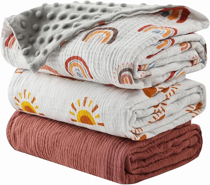 3 Pack Soft Boho Baby Gender Neutral Blankets for Newborn Baby Girls or Boys Unisex Nursery Toddler Baby Throw Blanket Double Layer Blankets with Dotted Backing Sun Rainbow Printed (Boho)