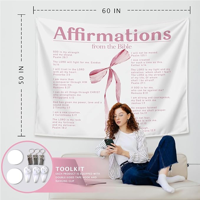 LIANGW Coquette Pink Bow Christian Tapestry Aesthetic, Wall Tapestry for Bedroom, Coquette Preppy Room Decor for Teen Girls & Women, Bible Verses Tapestries Wall Hanging 50x60 inche