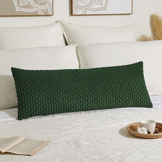 Kevin Textile 20x54 Inch Long Body Lumbar 1 Pack Boho Decorative Throw Pillow Cover Soft Striped Corduroy Rectangle Cushion Case Farmhouse Accent for Living Room Couch Sofa Bed, Dark Green
