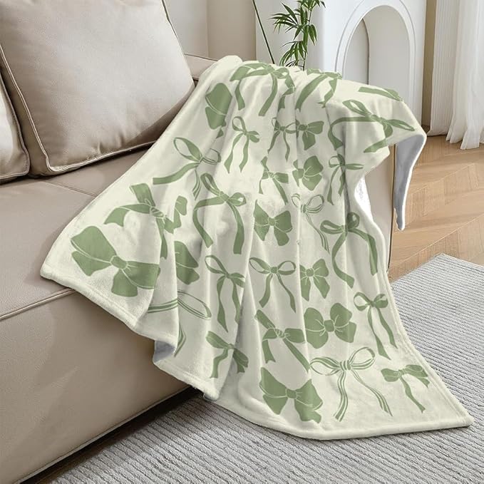 Sage Green Bow Blankets, Preppy Coquette Girly Bedroom Decor Electric Trendy Bow Throw Blanket Girls Teens Women Gifts 60"x80"