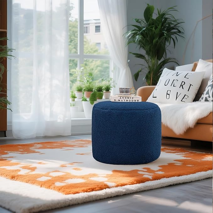 Round Pouf Ottoman 20 x 20 x 14 Inches Boho Poof Home Decor Floor Pouffe Ottoman Foot Rest for Couch Sofa Bean Bag Chairs Living Room Bedroom (Navy)