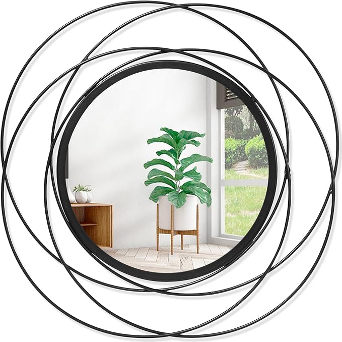 Wall Mirror Mounted Black Small Round Decorative Mirrors, Circle Metal Art Mirror Home for Bathroom Vanity, Living Room or Bedroom 12” x 12”