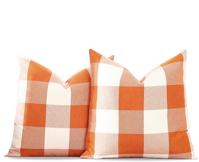 CARRIE HOME Fall Orange Plaid Pillow Covers 22x22 Set of 2, Autumn Decor Farmhouse Checkered Decorative Throw Pillow Covers 22 x 22, Extra Large Fall Pillows for Couch Sofa (No Pillow Inserts)