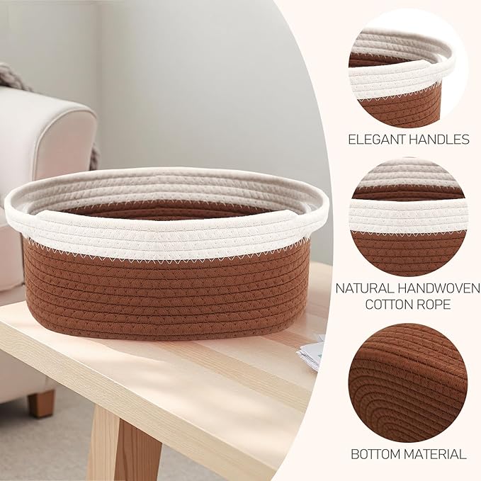 Woven Basket,Small Rope Storage Bin with Handles & Ribbon Bag, Organizer for Shelves Closets,Gift Basket Empty for Birthday,Books,Dog Toys, White&Brown/3 Pack