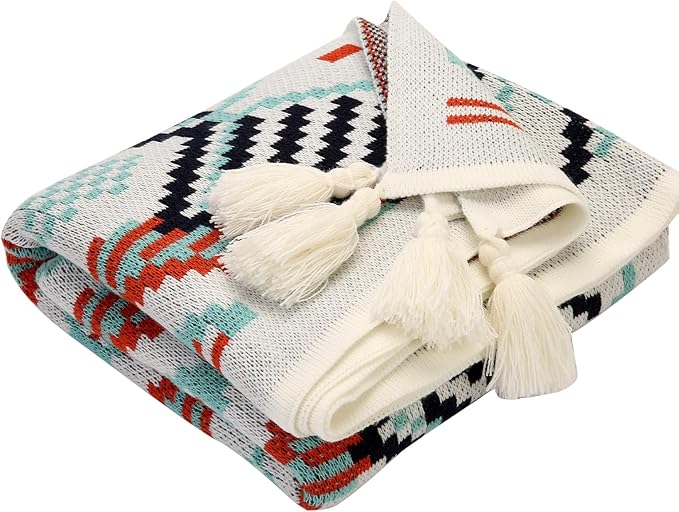 Knitted Queen Size Throw Blanket - Lightweight Breathable Summer Soft Blanket of Polyester Imitation Cotton for Anti-Static,Luxury Throws for Bed, Couch and Sofa,Orange Tassel Pattern