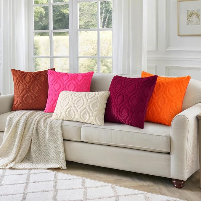 decorUhome Cozy Textured Euro Sham Throw Pillow Covers 24x24 Inch Set of 2, Soft Plush Faux Wool Red Accent Couch Pillow Covers for Modern Farmhouse Sofa Bed Living Room