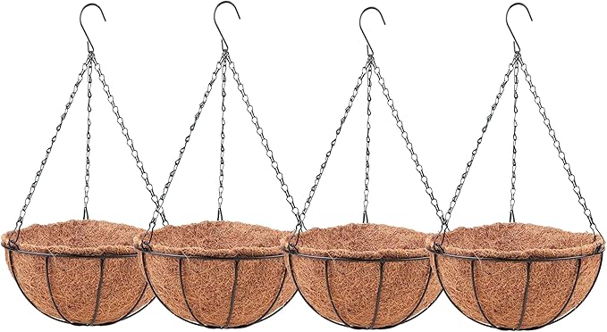 LaLaGreen Hanging Baskets for Outdoor Plants (4 Pack, 14 Inch) Large Hanging Planter with Coco Liner Round Flower Pots, Black Metal Wire Plant Holder Hook Deck Porch Modern Garden Balcony Rustic Decor