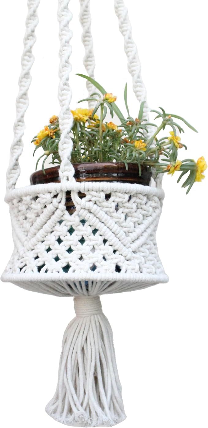 Handmade Macrame Cotton Plant Hanger, from Uttar Pradesh, India | Boho Hanging Planter | Indoor Outdoor Plant Holder | Décor Accent for Home, Balcony, Living Room | 33x8 in (Off White)