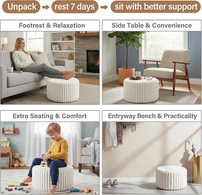 Tiita Round Stuffed Pouf Ottoman, Stripe Faux Fur Poufs with Foam Chunk Filling, Furry and Fluffy Pouf 21×21×12 inch Foot Stool Storage Ottoman,Puff Office Foot Rest for Couch Living Room, Beige