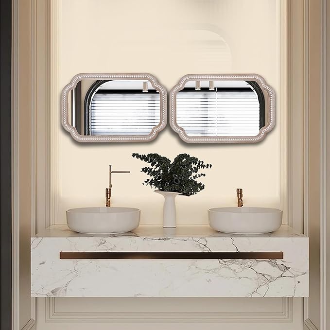 36x24 Inch Scalloped Wall Mirror with Beaded Wood Frame, Boho Farmhouse Decorative Mirrors for Bathroom Over Sink, Living Room, Entryway