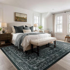 Black Vintage Distressed 8x10 Area Rugs for Living Room, Washable Non Slip Bedroom Rugs Under Bed Faux Wool Soft, Dark Medallion Pinted Thin Carpet for Dining Room Home Office
