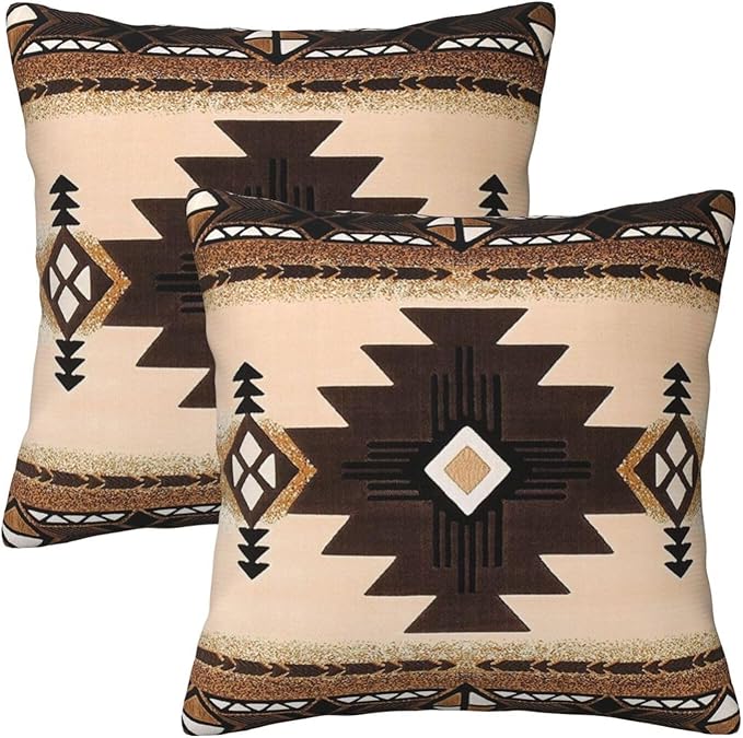 Western Aztec Throw Pillow Covers 16x16 Set of 2, Southwest Native American Brown Pillow Covers Outdoor Decorative Pillow Case for Couch Bed Sofa Cushion Home Decor