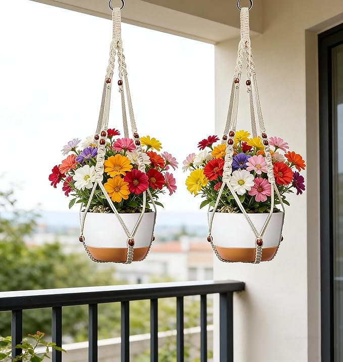 35 inch Macrame Plant Hanger for 5-10 Pot Indoor wall Window Boho Long Crochet White Rope Hanging Planters for Plant Holder Outdoor (Ivory2)