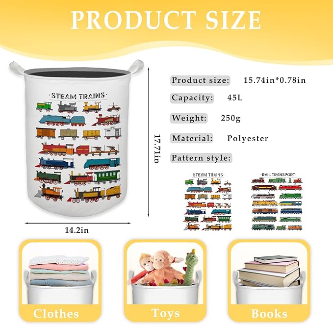 Steam Train Kids Laundry Basket, Toybox for Boys Room, Train Lover Enthusiast Gifts Laundry Basket Hamper Waterproof Collapsible Clothes Toys Storage Bin Organizer for Bedroom Bathroom Kids Room