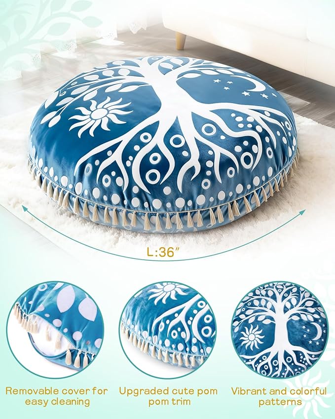 Hihealer Meditation Cushion, Large Velvet Floor Pillow for Yoga, Meditation & Mindfulness, Supportive Memory Foam Bolster (Blue)