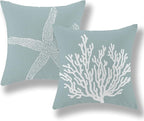 Coastal Pillow Covers 18x18 Inch Set of 2 Blue Coral Starfish Throw Pillows Nautical Ocean Decorations Summer Linen Beach Pillowcase Outdoor Decor Farmhouse Cushion Case for Home Living Room
