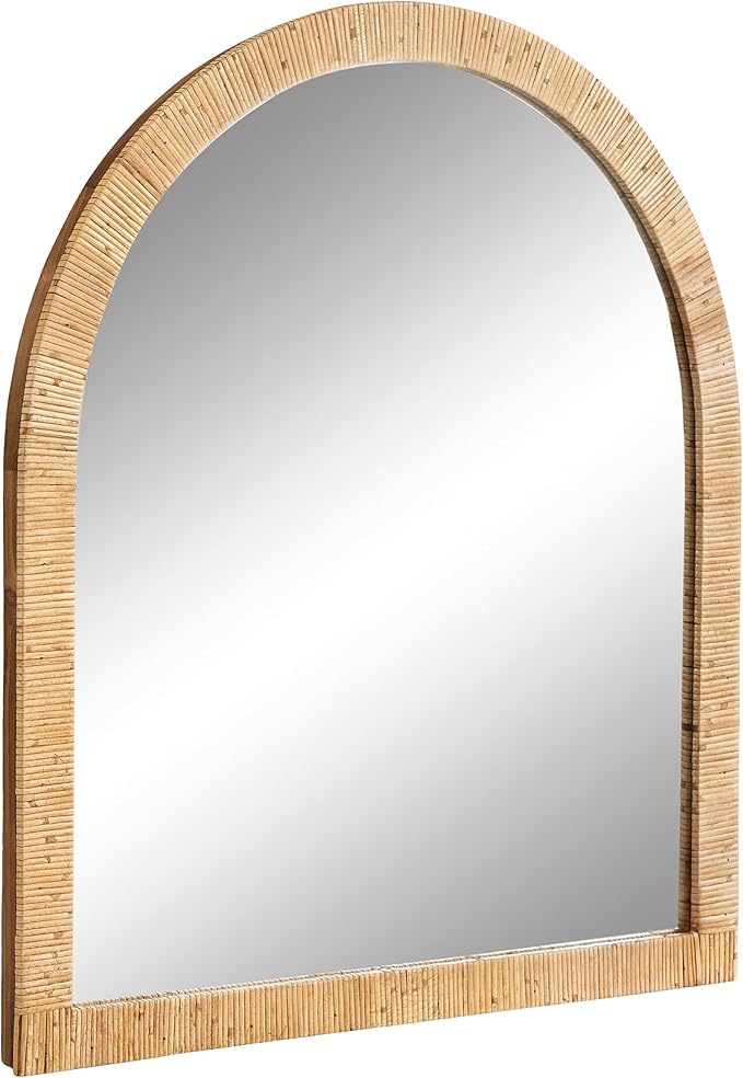 Kate and Laurel Rahfy Boho Arch Rattan Wall Mirror; 28 x 32; Natural Wood; Decorative Wooden Mirror with Authentic Rattan Frame for Bathroom Vanity Mirror