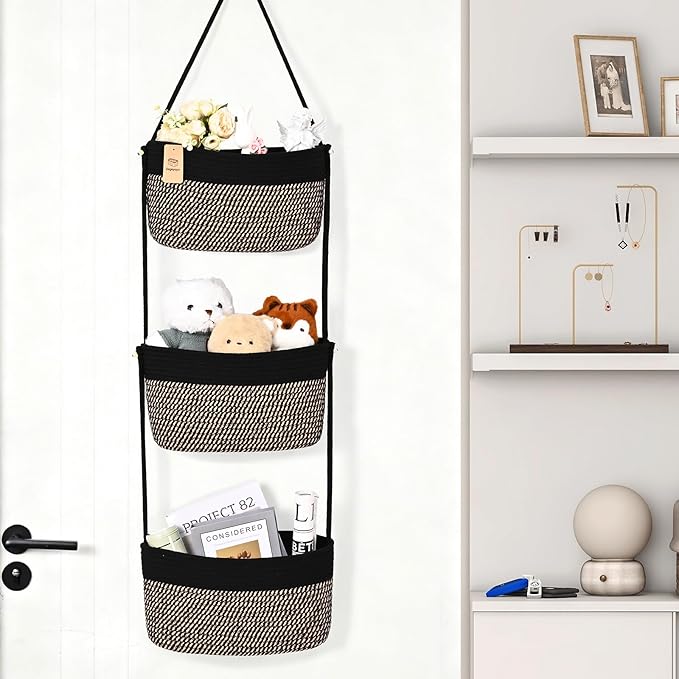 Hanging Basket, 3-Tier Wall Baskets, Over the Door Organizer with 4 Hooks, Hanging Baskets for Organizing, Woven Storage Basket Behind the Door for Nursery, Bedroom, Living Room, Kitchen