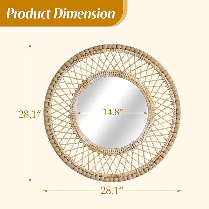 Round Beaded Rattan Wall Mirror – 28x28 Inch Boho Elegance with Woven Frame and Wooden Bead Trim, Decorative Mirror for Bathroom Vanity Entryway Living Room