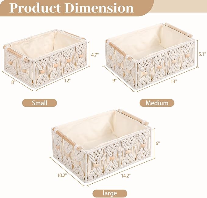 ANMINY 3PCS Macrame Storage Baskets for Organizing Boho Decor Baskets Storage Bins with Wood Handles & Beads Handmade Decorative Storage Boxes with Removable Liner Toilet Tank Bathroom Self Basket