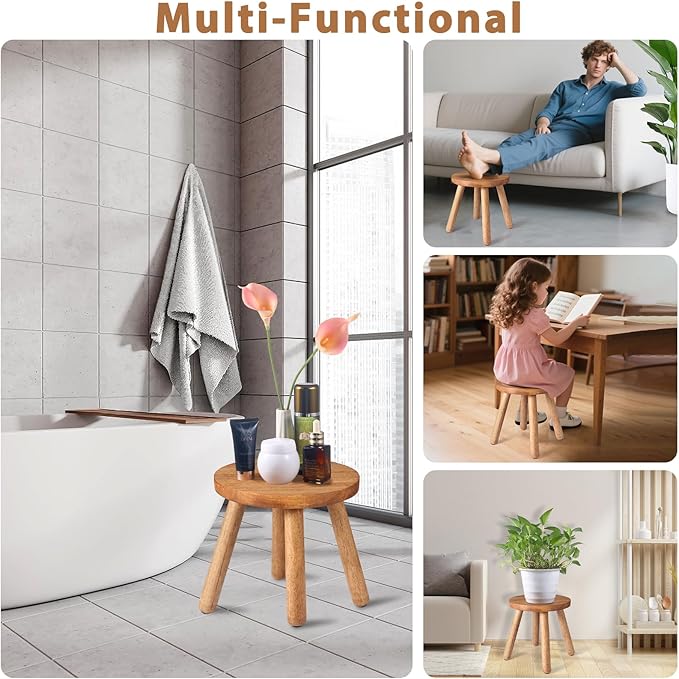 Round Solid Wooden Step Stool, 11.8''H Non-Slip Indoor Plant Stand, Portable & Sturdy Wooden Plants Stand, Gardening Display Footstool for Decor Living Room Patio -Walnut