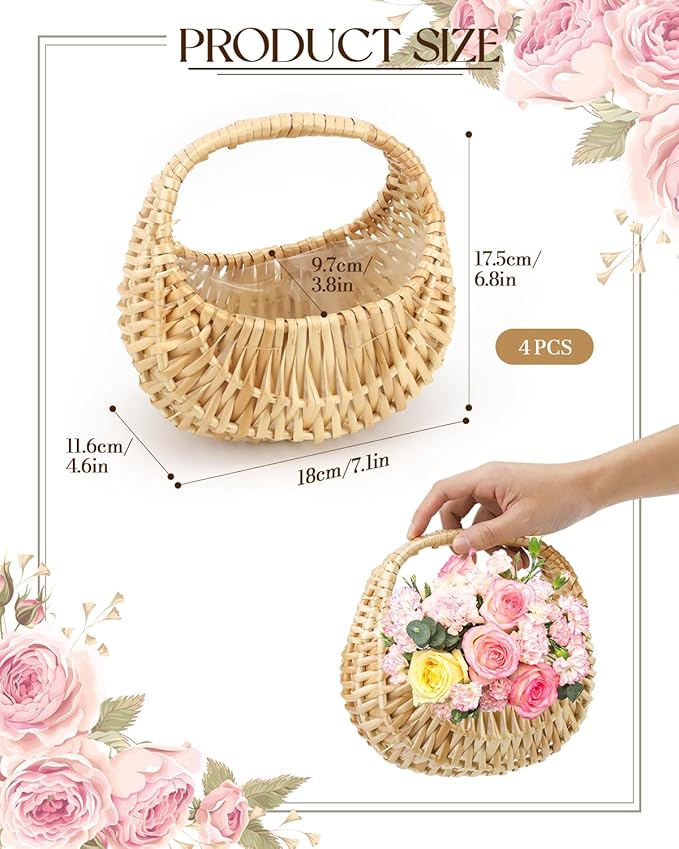 4 PCS Rattan Half Moon Wicker Basket, Small Wicker Woven Basket with Handle, Woven Wedding Flower Girl Baskets, Picnic Basket, for Home Wedding Decor, Photo Props, Camping