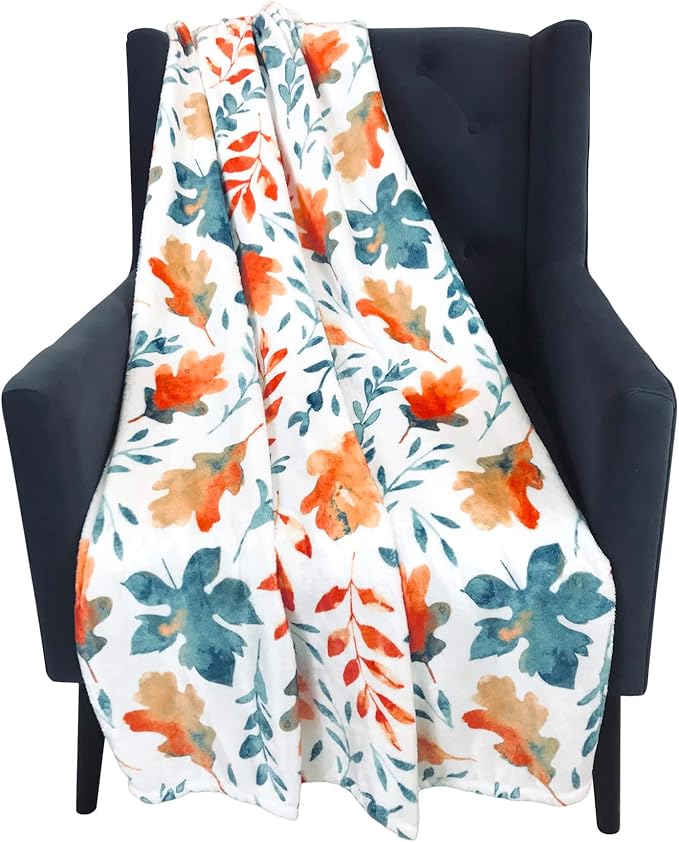 Fall Harvest Autumn Leaves Fleece Throw Blanket: Contemporary Autumn Leaf Print on Soft White Velvet Fleece for Living Room Couch Chair Bed or Dorm