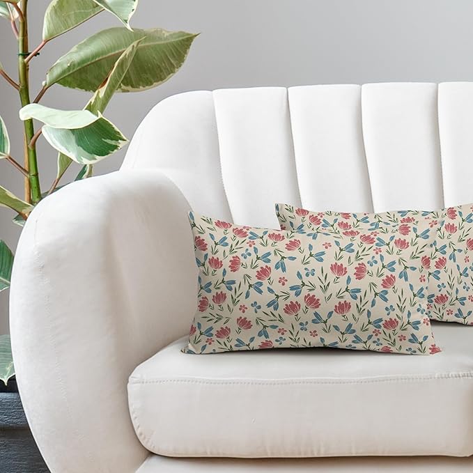 Green Pink Blue Floral Pillow Covers 12x20 Set of 2 Vintage Rustic Old Style Cute Small Flower Print Rectangle Decorative Outdoor Pillowcases Farmhouse Throw Cushion Case Decor for Couch Sofa Bed