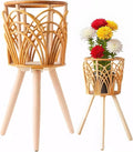 Boho Rattan Plant Stand Indoor Outdoor - Set of 2 (Small & Medium) Wicker Planter Shelf for Multiple Plants, Mid-Century Modern Wooden Flower Pot Holder with Stand, Farmhouse Home Decor for Living Room, Balcony, Patio