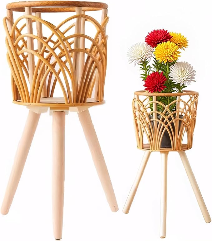 Boho Rattan Plant Stand Indoor Outdoor - Set of 2 (Small & Medium) Wicker Planter Shelf for Multiple Plants, Mid-Century Modern Wooden Flower Pot Holder with Stand, Farmhouse Home Decor for Living Room, Balcony, Patio