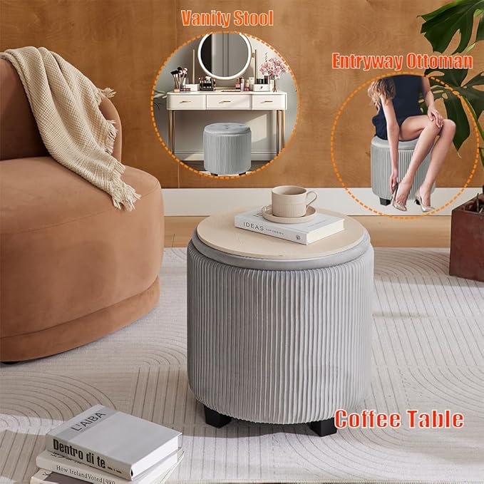 Big Round Ottoman with Storage Set of 2,Upholstered Velvet Vanity Stool for MakeupMultifunctional Foot Rest Coffee Table Padded Seat Tufted Ottomans for LivingRoom&Bedroom (Large Grey)
