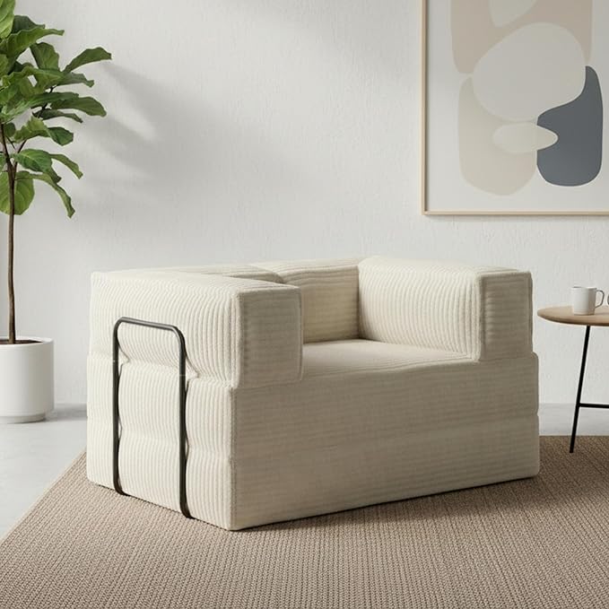 WLIVE 60'' Futon Sofa Bed, Convertible Sleeper Sofa, Folding Pull Out Couch Boneless Mattress with Fixed Frame, Corduroy, Greyish Beige