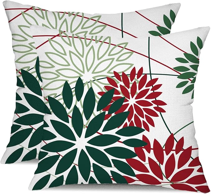 DFXSZ Green and Red Floral Pillow Covers 18x18 Set of 2 Outdoor Waterproof Decorative Throw Pillows Christmas Pillow Covers Polyester Cushion Case Decor for Couch Patio Funiture Garden Porch 011G18