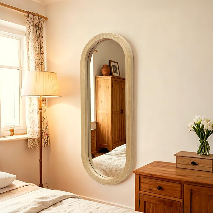 20" x 52" Oval Full Length Wall Mounted Mirror, Handwoven Natural Bamboo Frame (Warm Tone), Boho Coastal Mirror for Entryway, Bedroom, Dressing Room, Vertical & Horizontal Hanging