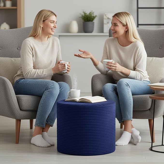 LITA Round Stuffed Pouf Ottoman, Corduroy Poufs with High-Density Foam Filling and Washable Cover, Furry and Fluffy Bean Bag Foot Stools Ottoman for Living Room, Bedroom, Office, Navy Blue