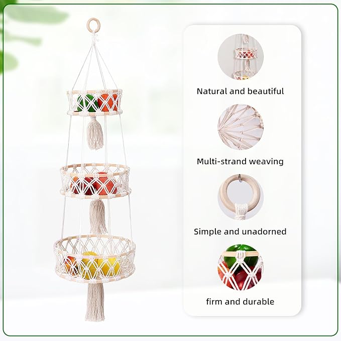 3-Tier Macrame Hanging Basket - Cotton Rope Fruit & Vegetable Storage Organizer, Boho Decor Kitchen Hanging Baskets with Hooks, Decorative Plant Holder for Home, Farmhouse, Grocery (Natural, 12")