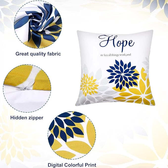 Tatuo 4 Pcs Flower Pillow Covers Square Spring Pillow Cushion Cases 18 x 18 Inch Family Faith Hope Love Words Decorative Summer Winter Cushion Case for Bed Couch Sofa Living Room(Yellow Series)