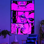 Blacklight Trippy Tapestry for Bedroom Cool Cute Girl Anime Wall Tapestry Aesthetic UV Reactive Purple Tapestries Glow In The Dark Art Wall Hanging Poster for Room Decor 39"x60"