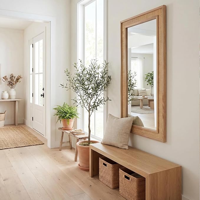 Rattan Full Length Mirror,24"x48" Long Rattan Wall Mirror,Wooden Mirror with Wicker Frame,Decorative Full Body Mirror Hanging,Farmhouse Rectangle Floor Mirror for Bathroom Living Dressing Room Nature