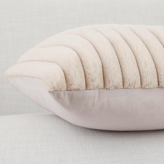 Pallene Faux Fur Plush Throw Pillow Covers 26x26 Set of 2, Luxury Soft Fluffy Striped Decorative Pillow Covers for Sofa, Couch, Living Room, Apricot