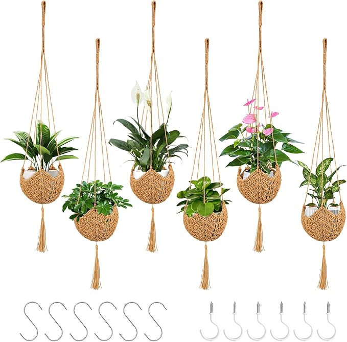 6 Pack Hand-Woven Macrame Plant Hanger - Hanging Plant Holder with 12 Hooks for Indoor Green Plant Hanging and Bohemian Style Home Decor (Brown)