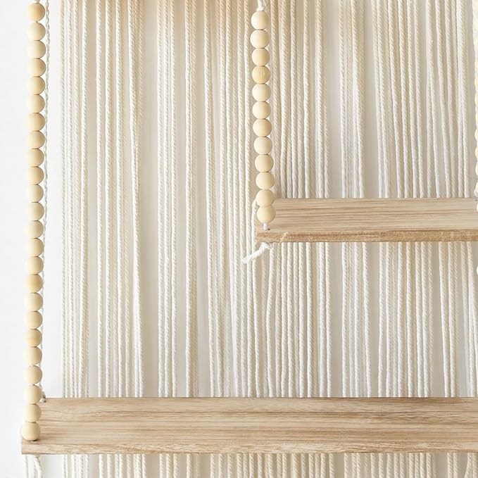 Macrame Wall Hanging Shelf Boho Wall Decor Home 2 Tier Hanger Shelves Braided with Tassels Shelves Organizer for Kitchen, Bedroom, Home Storage, Floating Plant Shelf (Wood)