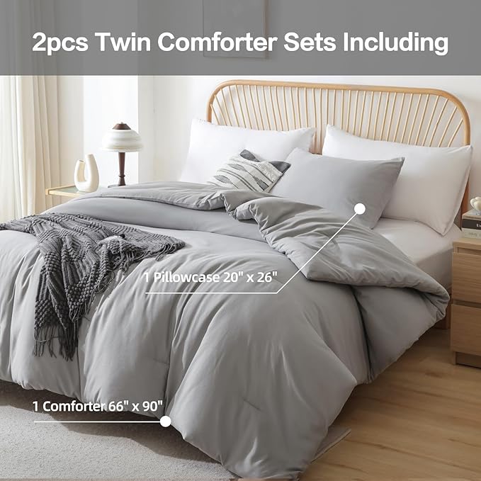 ROSGONIA Twin Comforter & Pillowcase Set, Lightweight Grey Bedding for College Girls & Boys