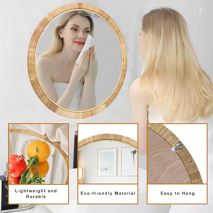 Rattan 24in Round Wall Mirror, Natural Rattan Frame Boho Mirror for Farmhouse Bedroom Checkroom Livingroom Decor
