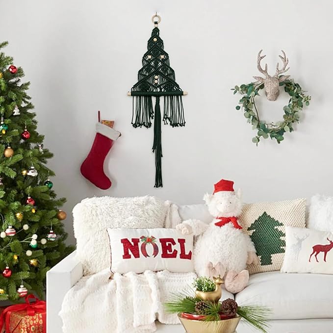 HVEST Green Macrame Christmas Tree Wall Hanging, Dark Green Ornaments for Xmas Tree Handmade Woven Tapestry for Bedroom Boho Christmas Gifts Macrame Wall Art for Living Room Decorations, 32L X 11W