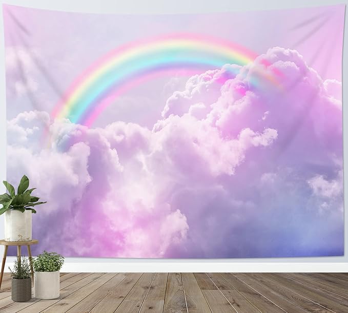 LB Pink Colorful Cloud Tapestry Wall Hanging Aesthetic Fantasy Rainbow Sky Natural Landscape Wall Tapestry for Girls Kids Bedroom Living Room Dorm 48Wx36L Inches