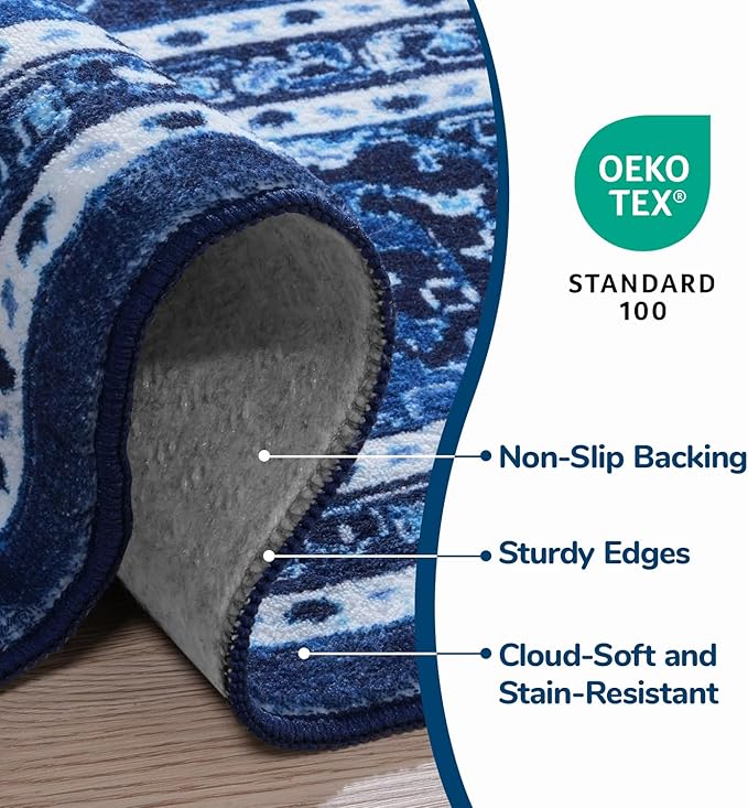 Lessymo 8 x 10 Area Rugs for Living Room- Machine Washable Area Rugs Boho Faux Wool Low Pile Area Rug for Bedroom Floral Medallion Vintage Rugs with Non-Slip Rubber, Kid & Pet Friendly, Blue White