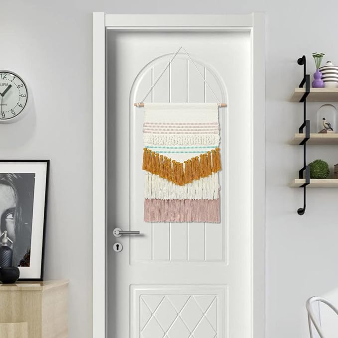 LOMOHOO Macrame Wall Hanging Woven Tapestry with Tassel Tufted Colorful Geometry Tapestries Blue Yellow Pink Bohemian Art Boho Chic Decor Bedroom Apartment Home Decoration(Pink and Yellow)